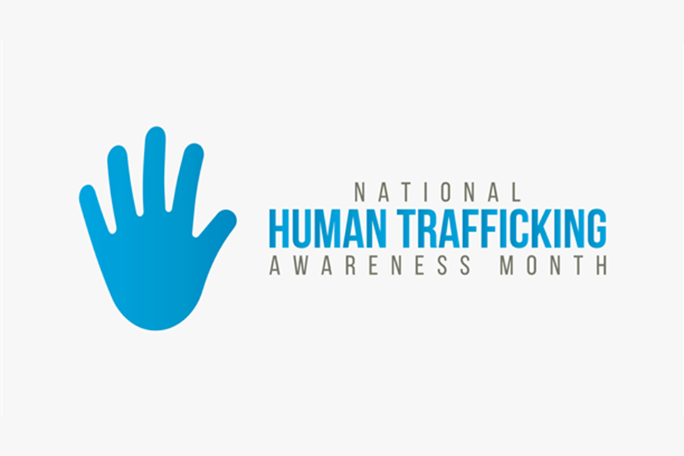 blue hand shape and the words "National Human Trafficking Awareness Month"