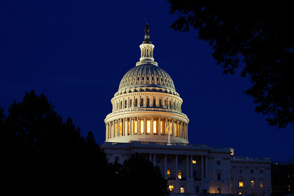 View of the Capital building in Washington DC at night
