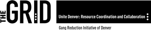 black and white logo for The Grid (Gang Reduction Initiative of Denver) with the words "Unite Denver: Resource Coordination and Collaboration"