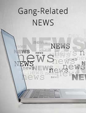 The words "Gang-Related NEWS" above a laptop with the word "news" printed multiple times in a cloud around it
