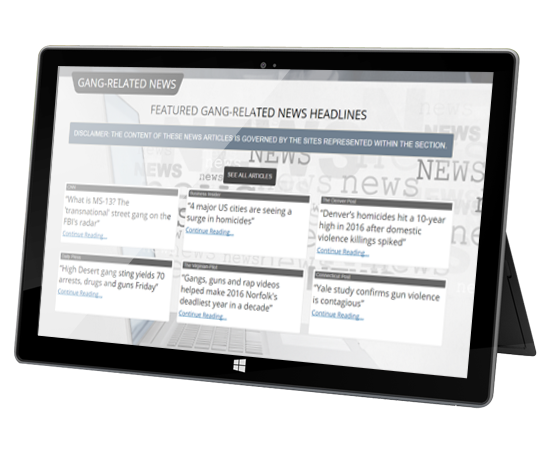Windows tablet displaying National Gang Center gang-related news page