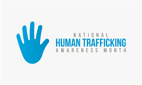 blue hand shape and the words "National Human Trafficking Awareness Month"