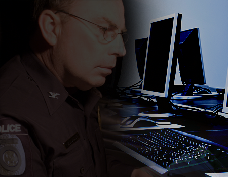 a collage of a police officer and desktop equipment